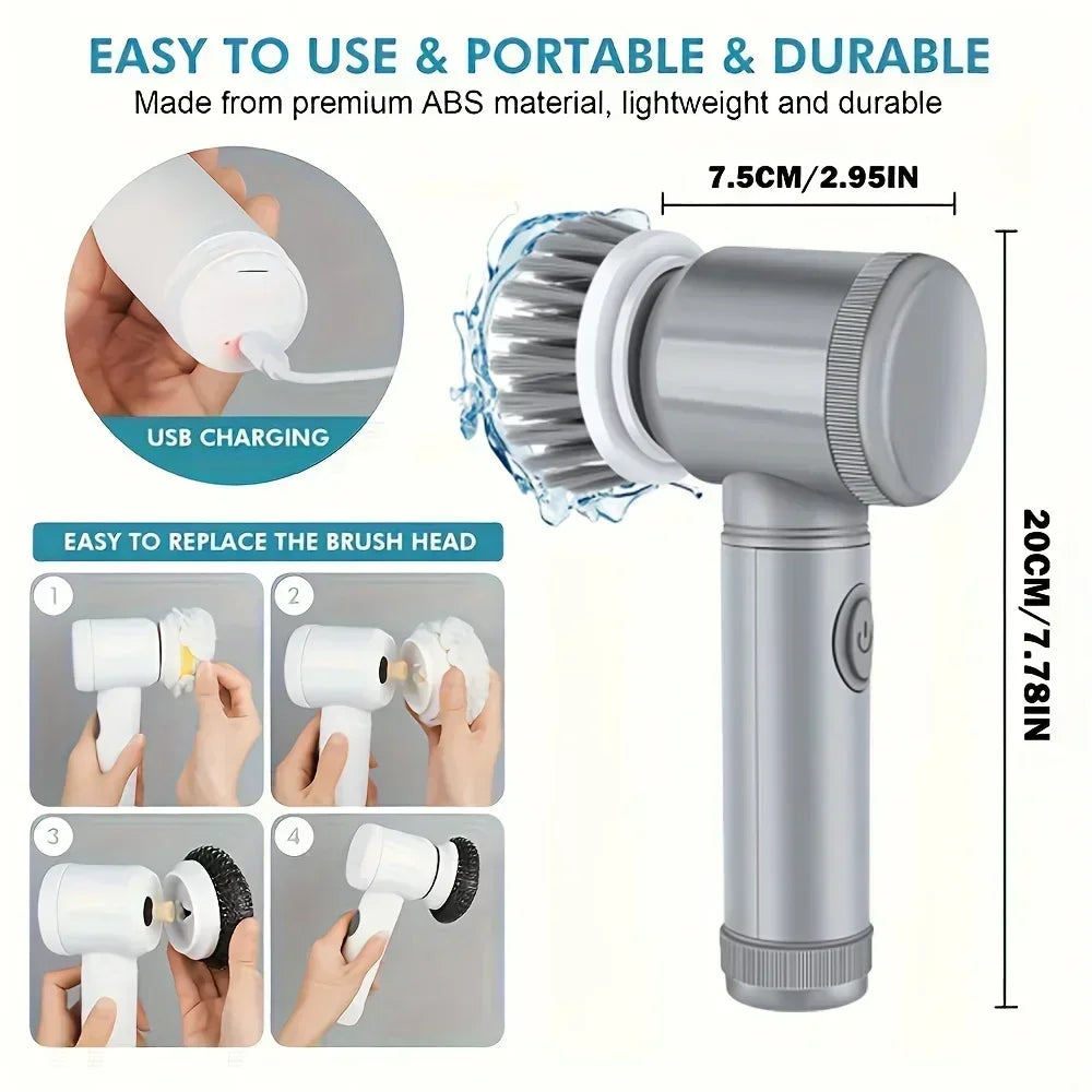 Brosse de Nettoyage Électrique Sans Fil | 5 Têtes Interchangeables | Salle de Bain & Cuisine