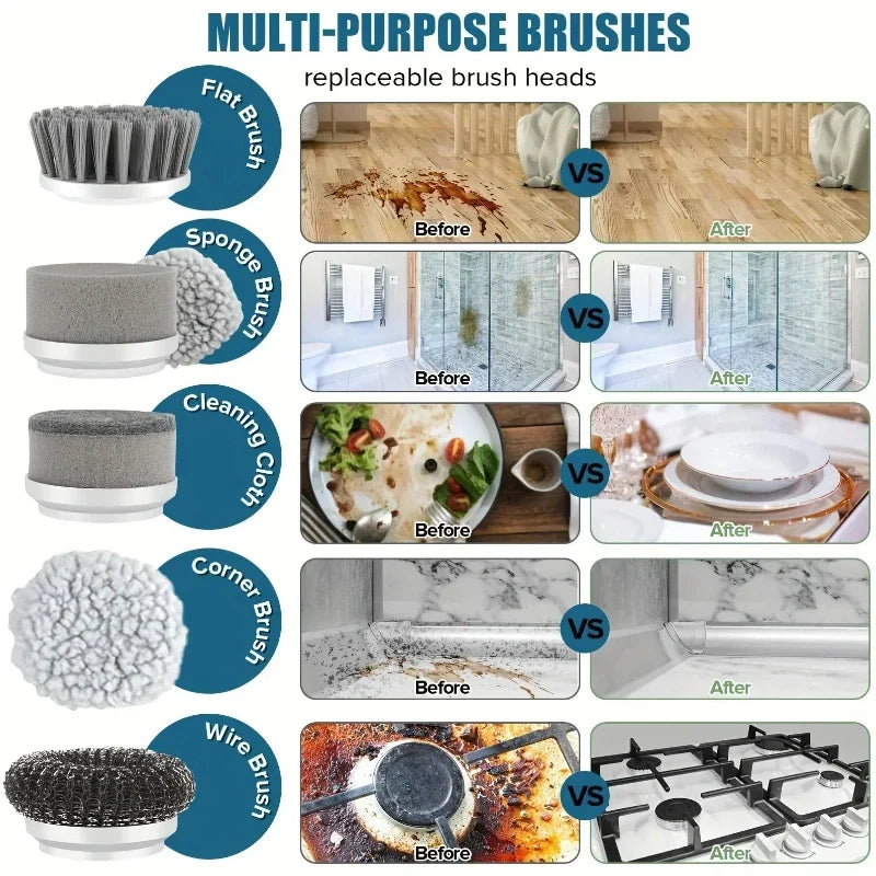 Brosse de Nettoyage Électrique Sans Fil | 5 Têtes Interchangeables | Salle de Bain & Cuisine