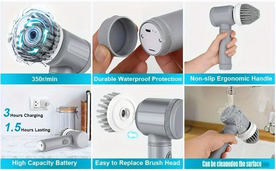 Brosse de Nettoyage Électrique Sans Fil | 5 Têtes Interchangeables | Salle de Bain & Cuisine