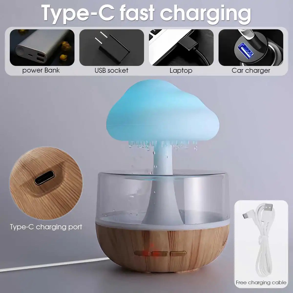 Humidificateur Nuage de Pluie | Veilleuse LED Colorée | Diffuseur d'Huiles Essentielles