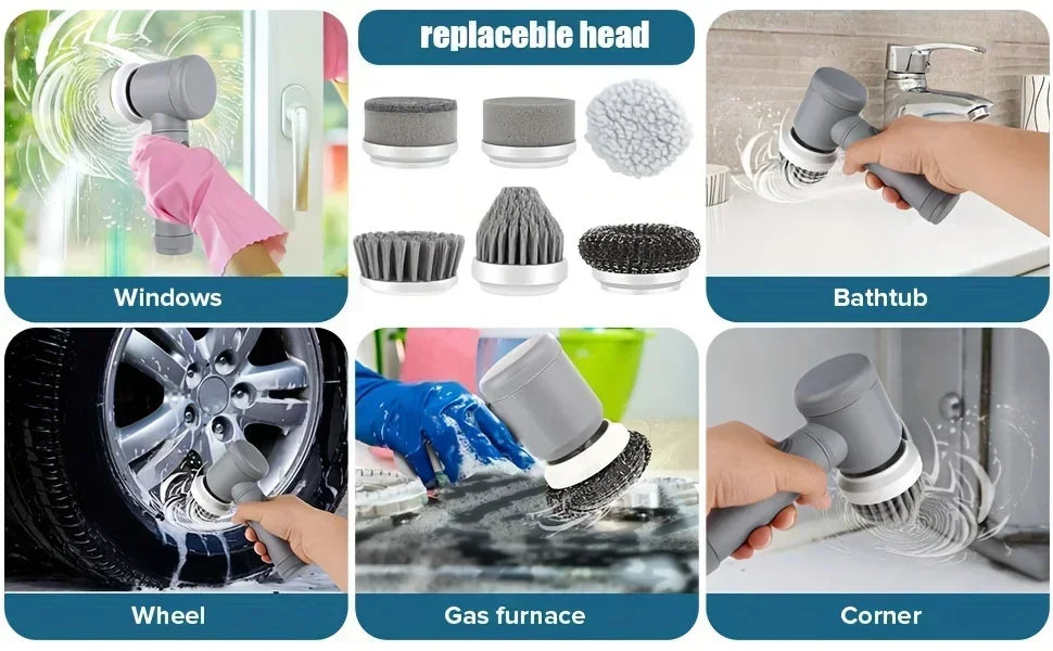 Brosse de Nettoyage Électrique Sans Fil | 5 Têtes Interchangeables | Salle de Bain & Cuisine