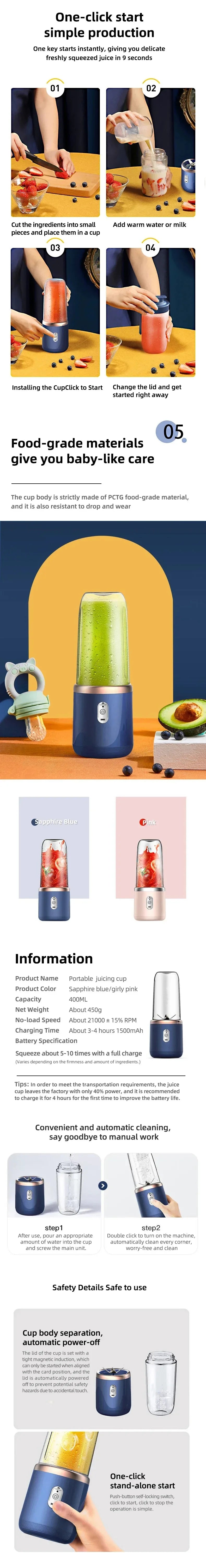 Blender USB Portable 400ml | 6 Couleurs | Smoothies & Milkshakes À Emporter