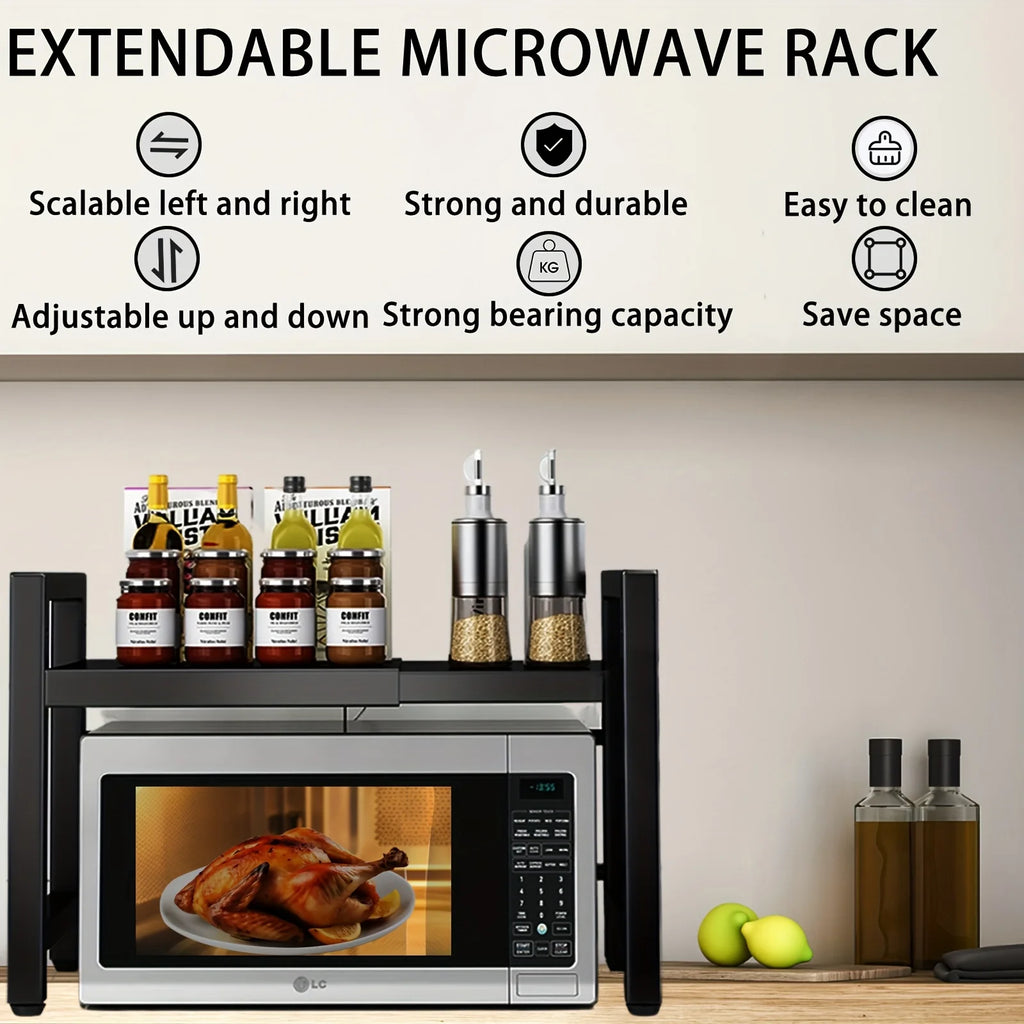 Étagère Micro-ondes Extensible 40-64cm | 6 Crochets | Rangement Cuisine