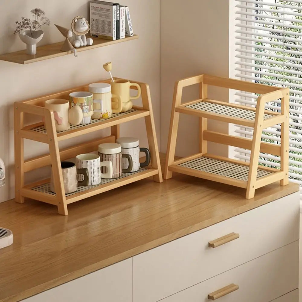 Étagère Bois & Rotin | Organisateur Cuisine, Maquillage & Épices | Déco Maison