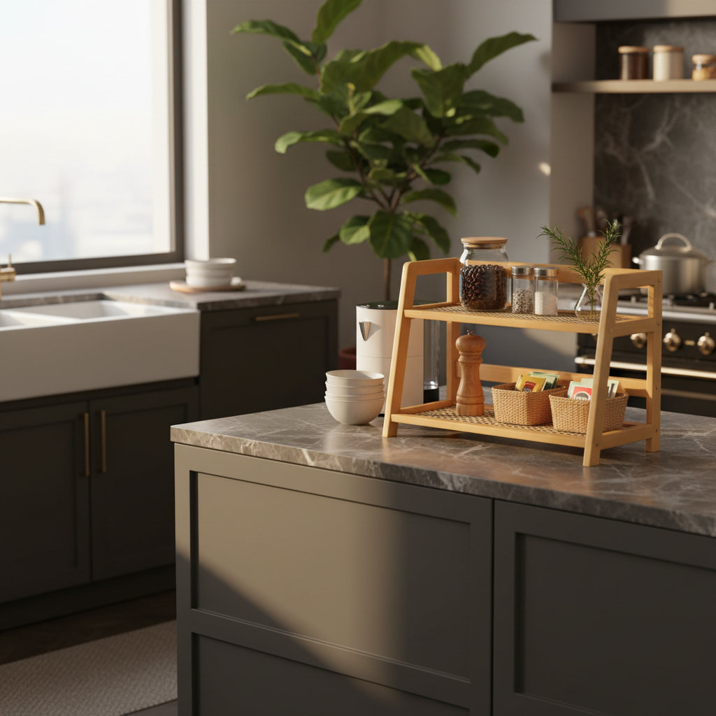 Étagère Bois & Rotin mise en scène luxueuse